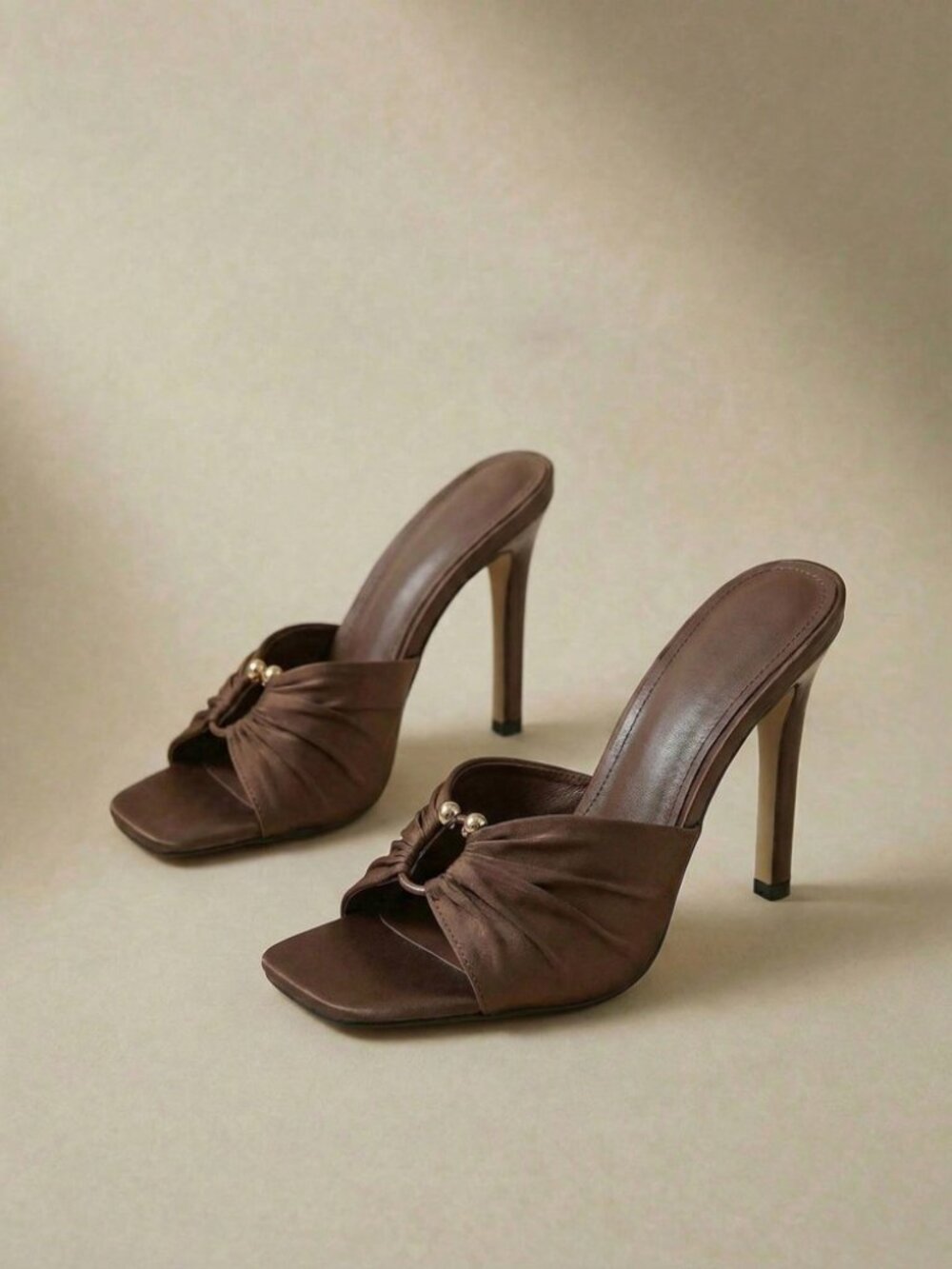 Brown Ruched Slide Sandals with Gold Ring Detail